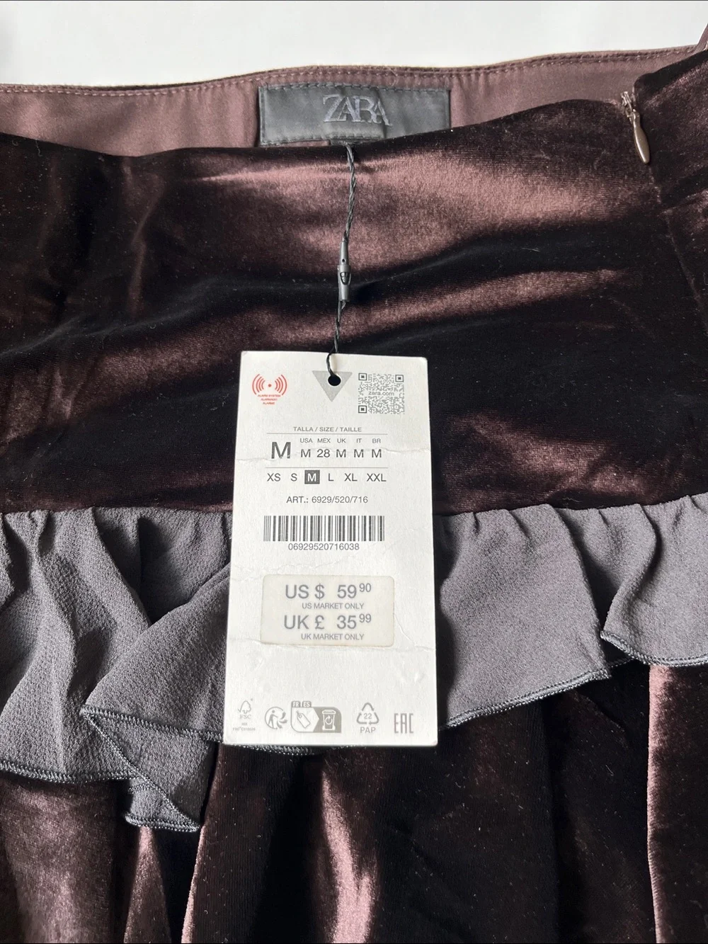 Zara Chocolate Brown Mini Skirt with Gray Ruffle Trim